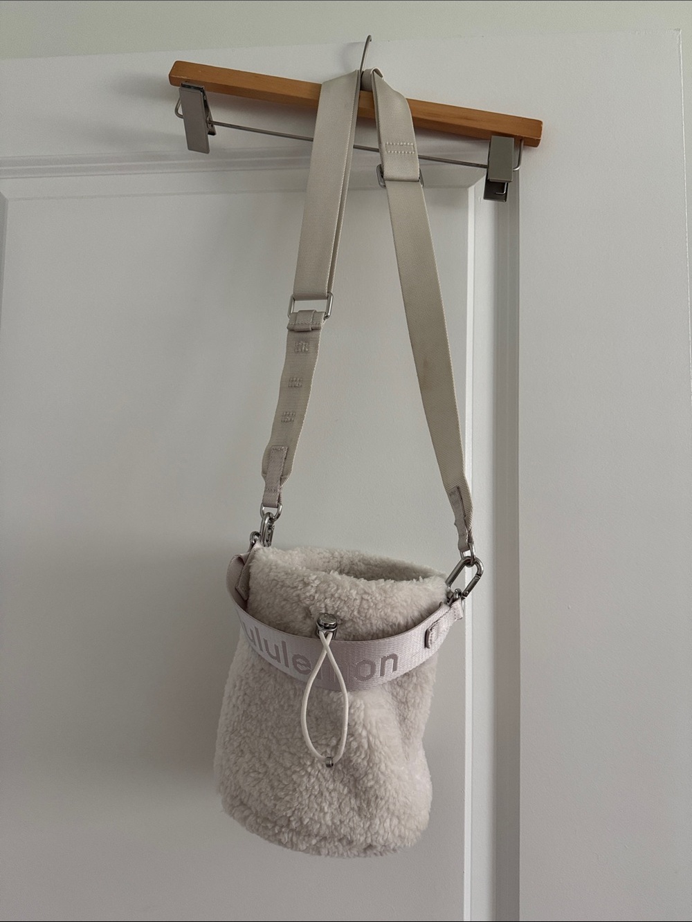 lululemon athletica Cream Shearling Crossbody Bucket Bag
